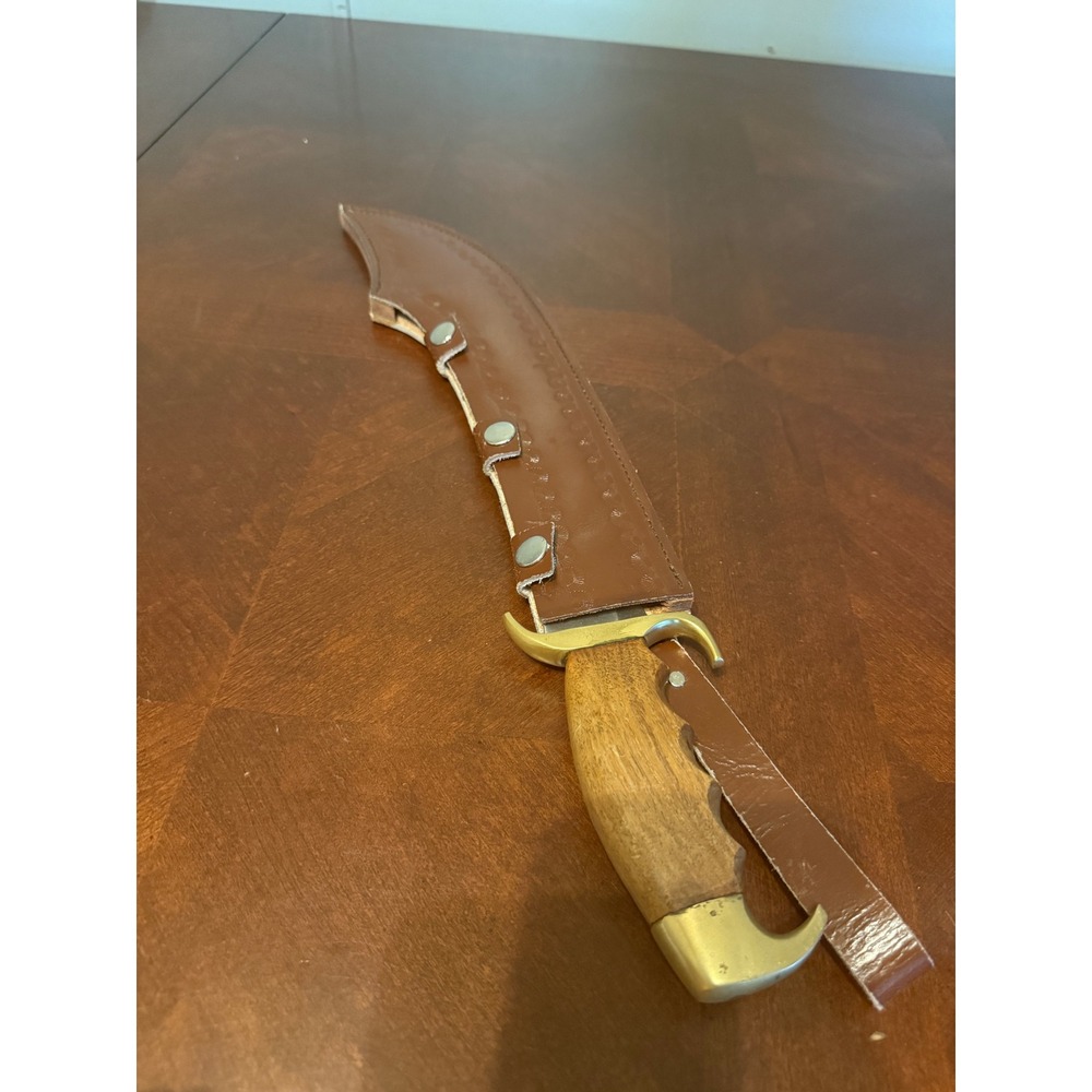 Archangel Michael Engraved Scimitar Machete Wood Handle Brass Guard Sheath
